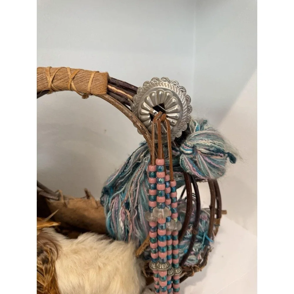 Vintage Native American Style Twig Basket Wreath Rabbit Fur Feather Concho 14